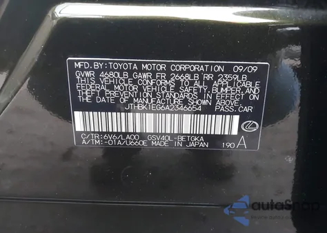 2010 Lexus Es 350 z USA, uszkodzony, nr VIN JTHBK1EG6A2346654